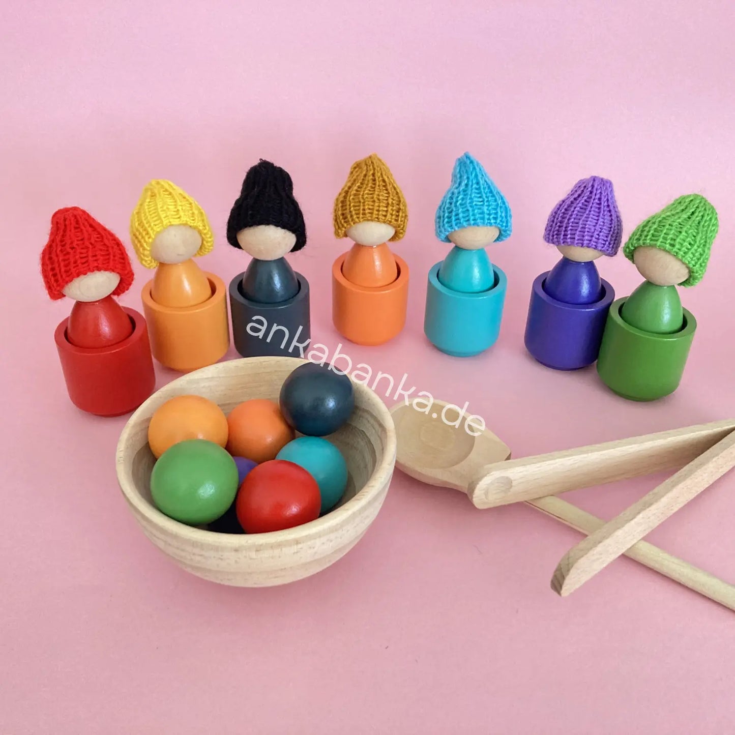 Montessori Sortier- Spiel mit Holz Puppen mit passenden Mütze, Bälle, Becher und Schüssel Anka Banka Geschenk Weihnachten