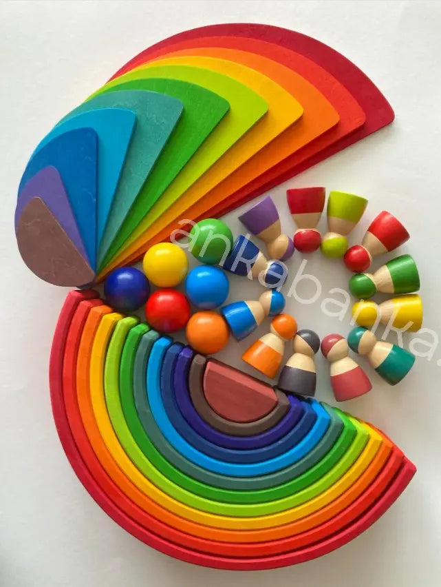 Regenbogen Set aus Holz mit Halbkreise und Holzpuppen