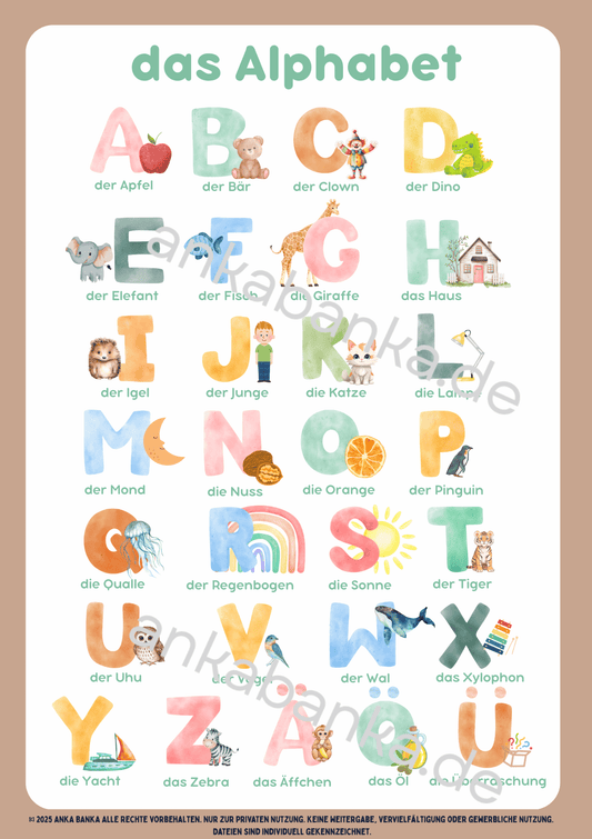 Digitales Poster „das Alphabet (A–Z + Ä, Ö, Ü)“