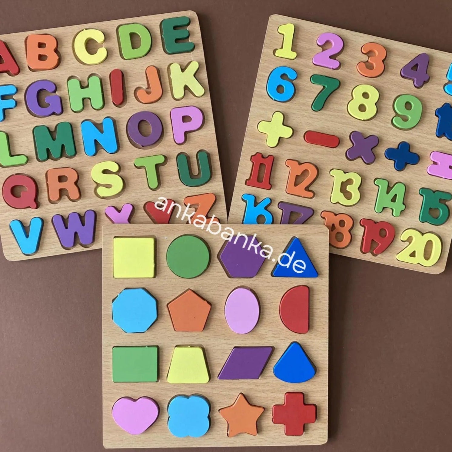 Montessori 3 Puzzle Set mit Buchstaben, Zahlen und Formen, Ankabanka