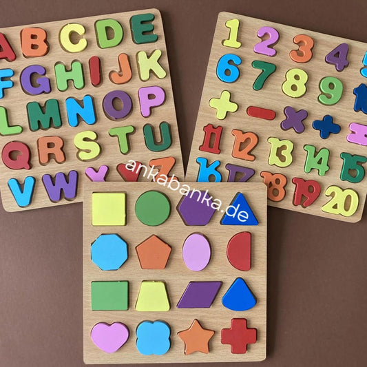 Montessori 3 Puzzle Set mit Buchstaben, Zahlen und Formen, Ankabanka